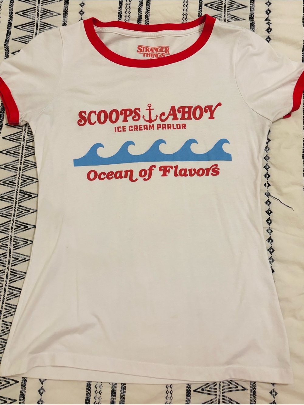 Netflix Stranger Things Scoops Ahoy White Red Graphic Tee